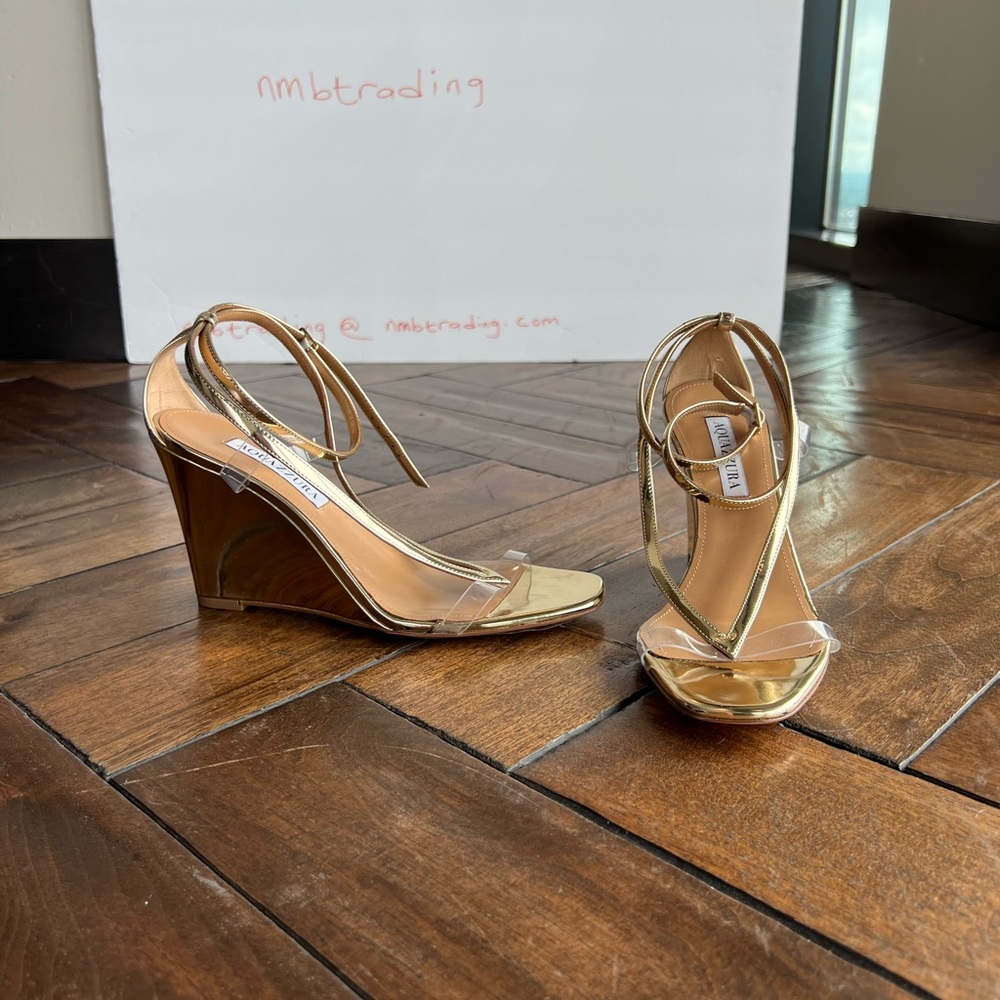 Aquazzura glossy gold metallic leather size 8M(38) strappy wedge heel sandals - Picture 7 of 16